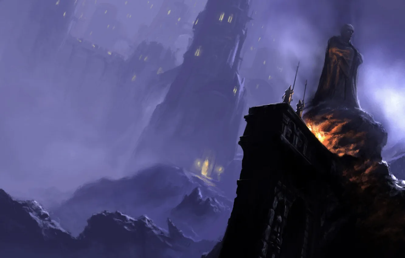 Photo wallpaper night, castle, warrior, art, statue, Zsolt Kosa