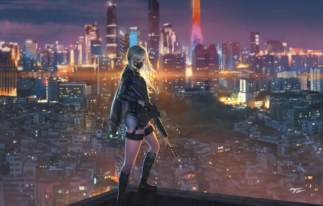 Photo wallpaper girl, the city, weapons, mask, shooter