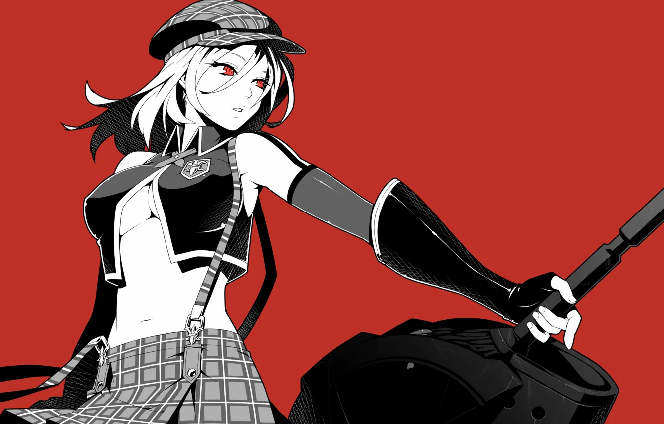 Photo wallpaper girl, red, background, skirt, sword, cap