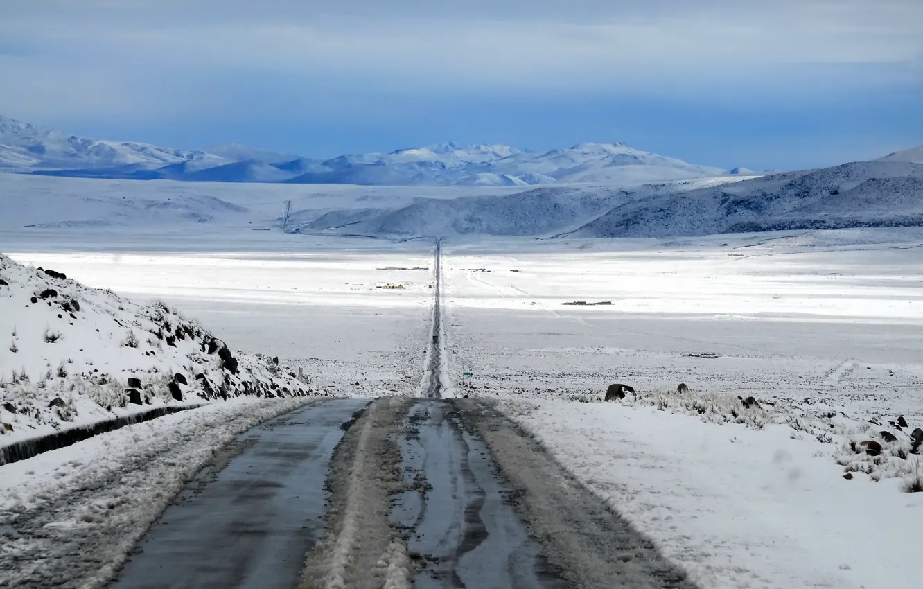 Photo wallpaper road, field, snow, landscape