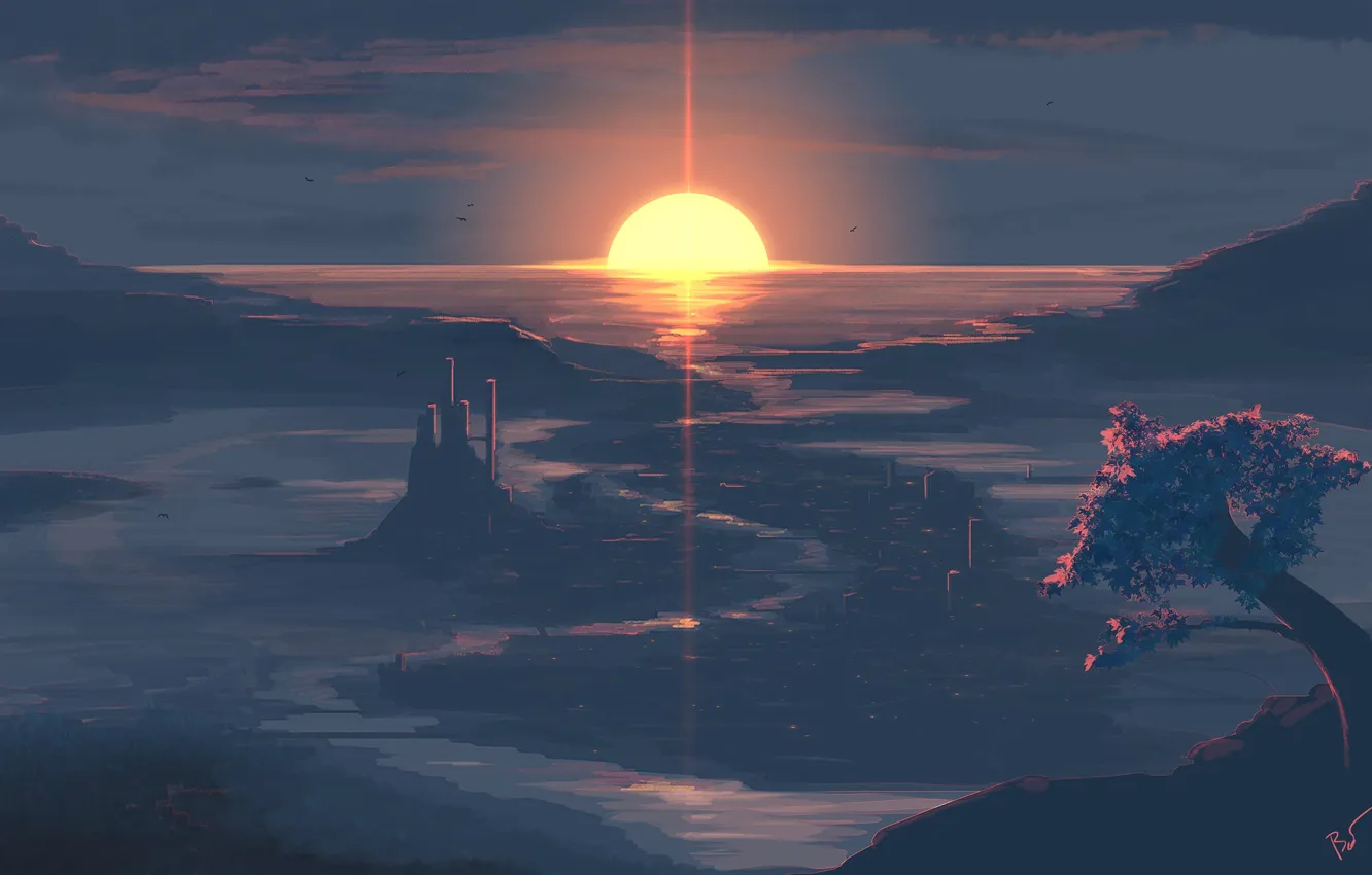 Photo wallpaper the sun, landscape, sunset, city, the city, glare, fiction, art