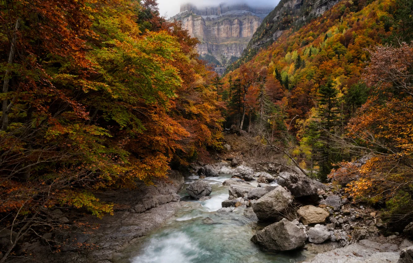 Photo wallpaper autumn, mountains, nature, stream, stones, Spain, Aragon