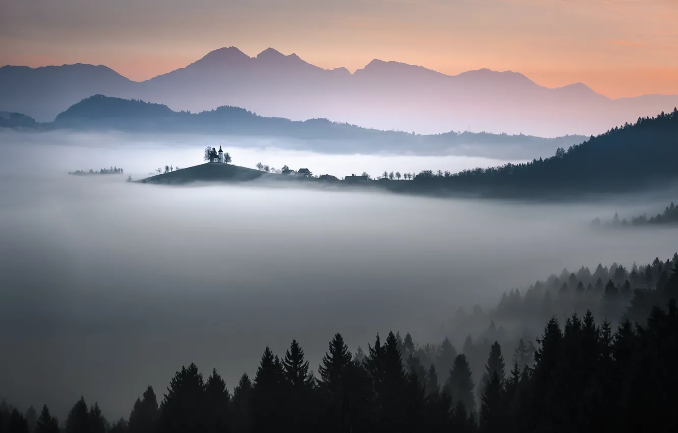 Photo wallpaper forest, the sky, mountains, fog, Church
