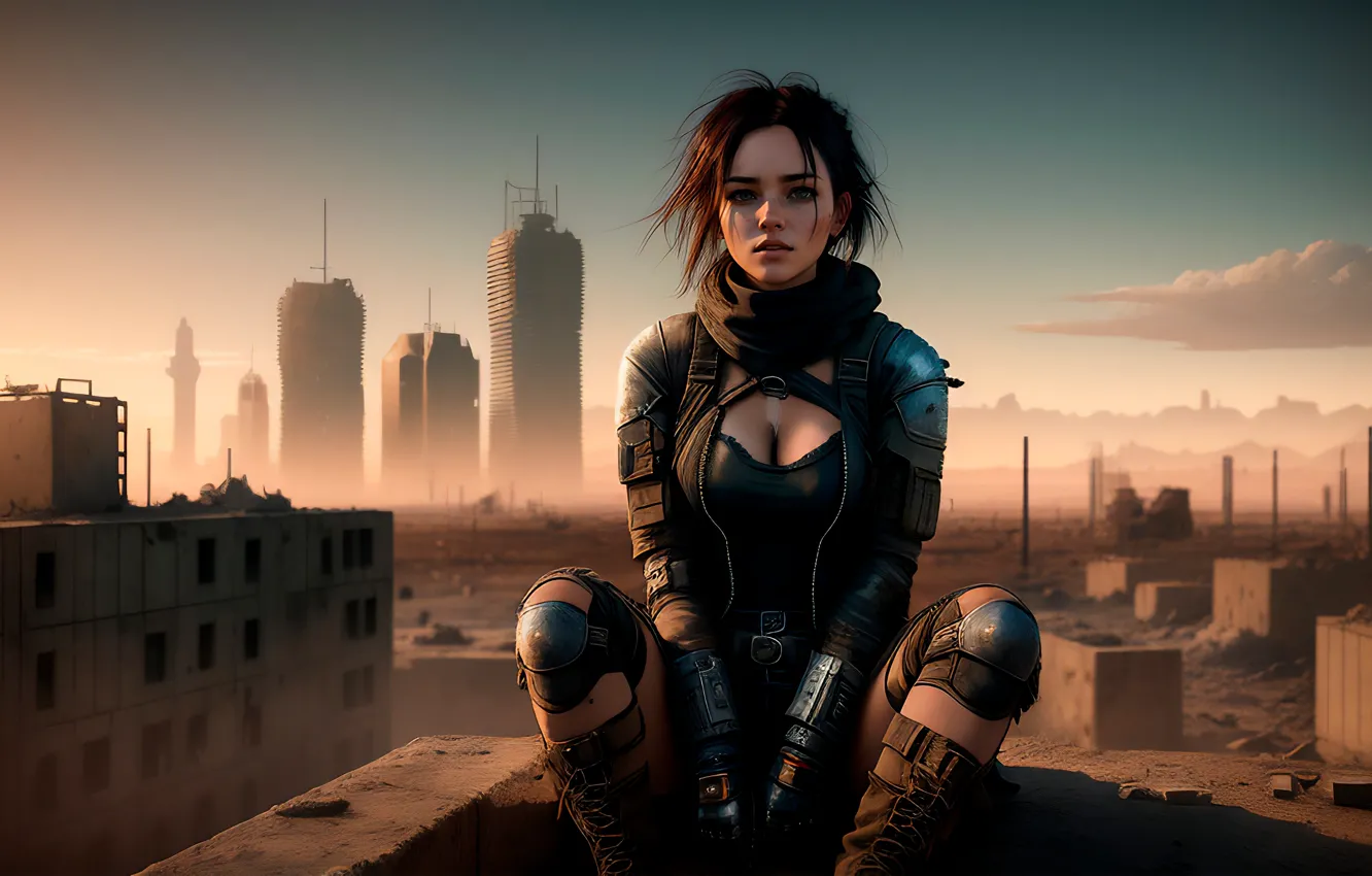 Photo wallpaper hunter, apocalypse, AI Art, Cyberpunk Girl
