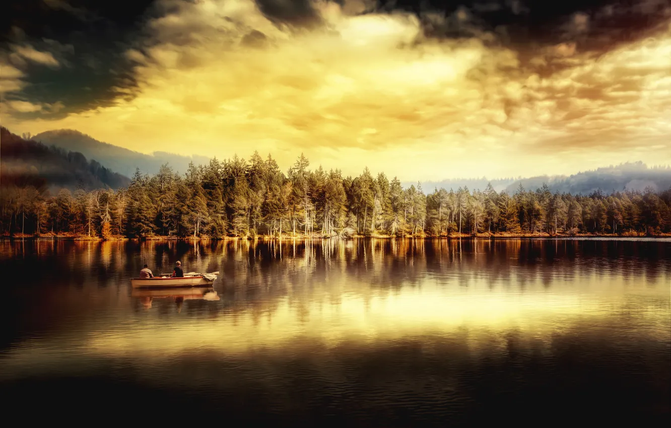 Photo wallpaper the sky, clouds, trees, lake, reflection, boat, treatment, In silence