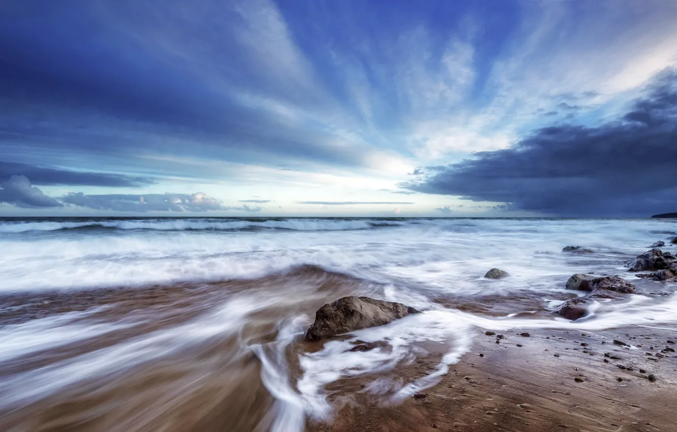 Photo wallpaper sea, wave, the sky, clouds, coast