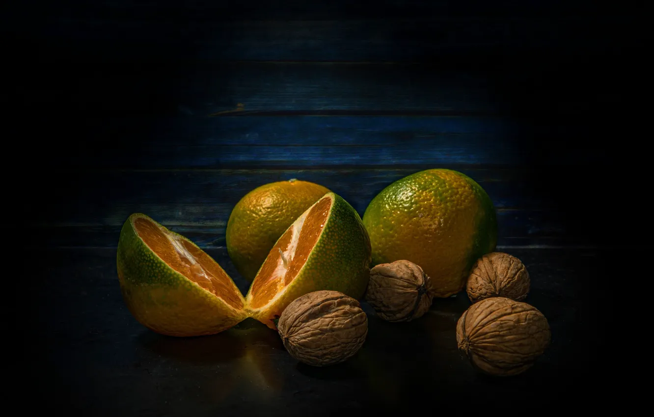 Photo wallpaper Board, orange, still life, walnuts