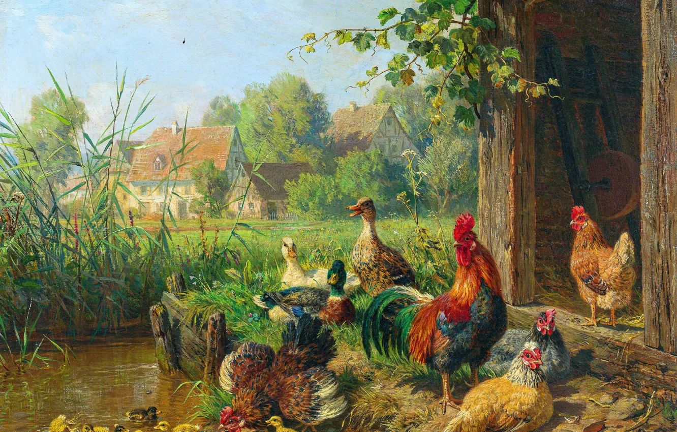 Photo wallpaper Home, Pond, Birds, Picture, Carl Jutz the Elder, Carl UTZ Senior, German painter, Birds by …