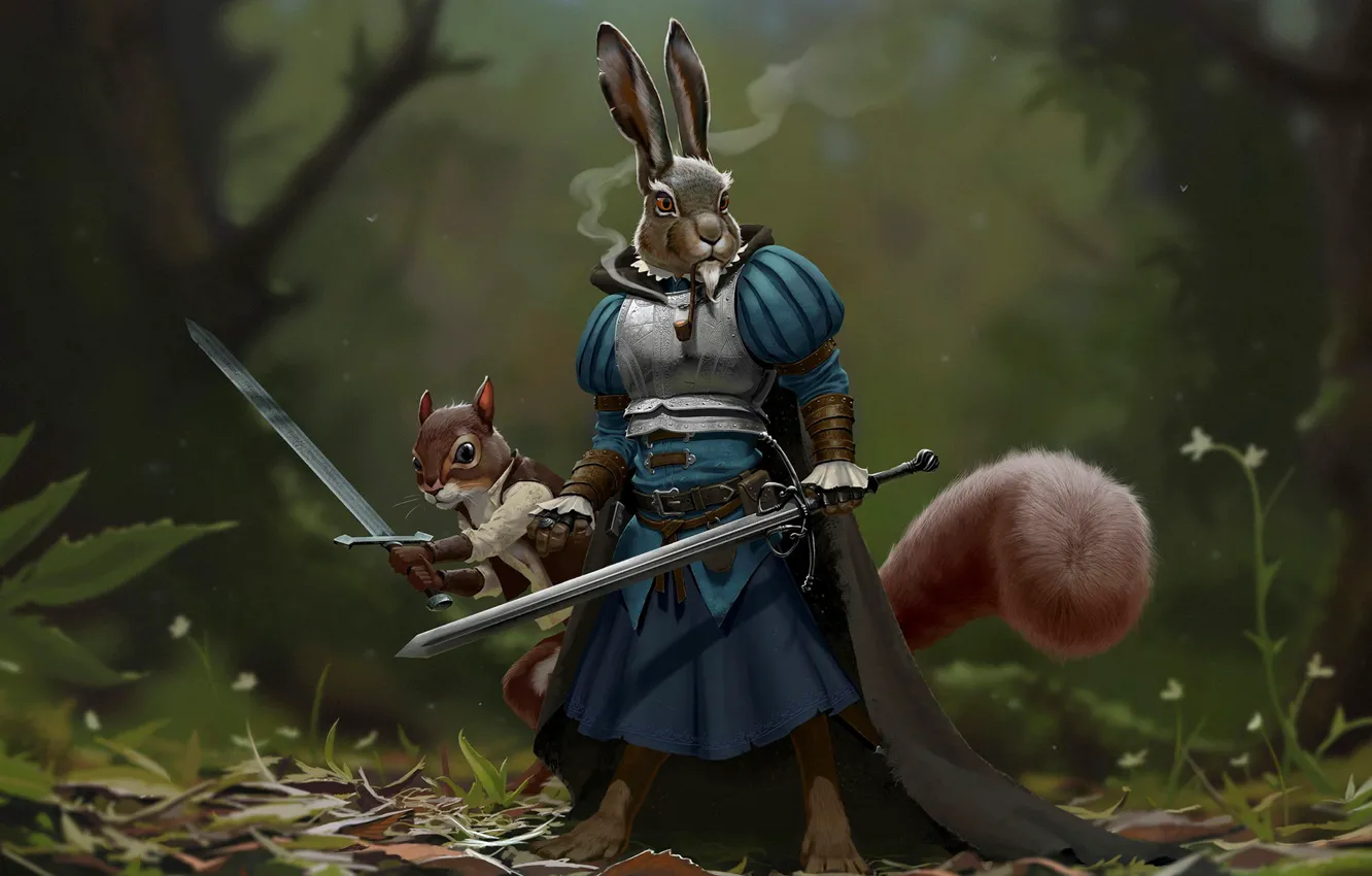 Photo wallpaper forest, animals, hare, protein, Weapons, armor