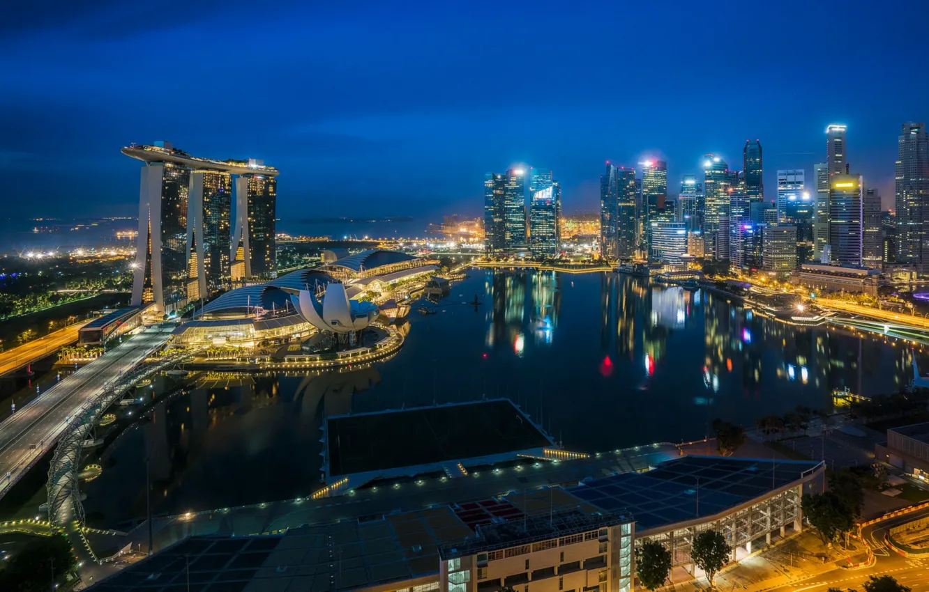 Photo wallpaper lights, lights, skyscrapers, Singapore, architecture, megapolis, blue, night