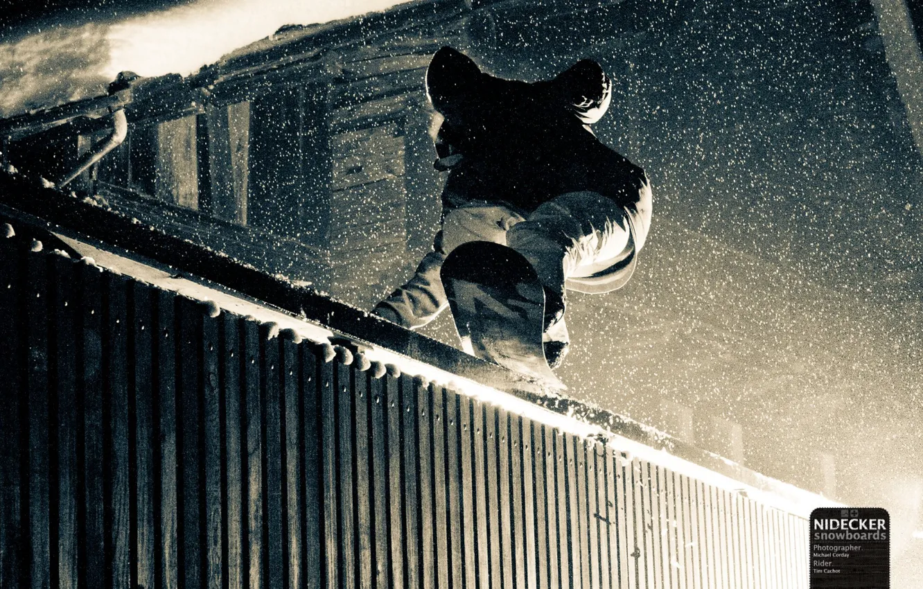 Photo wallpaper snow, snowboard, the fence, snowboard, snowfall, adrenaline, the darkness, street
