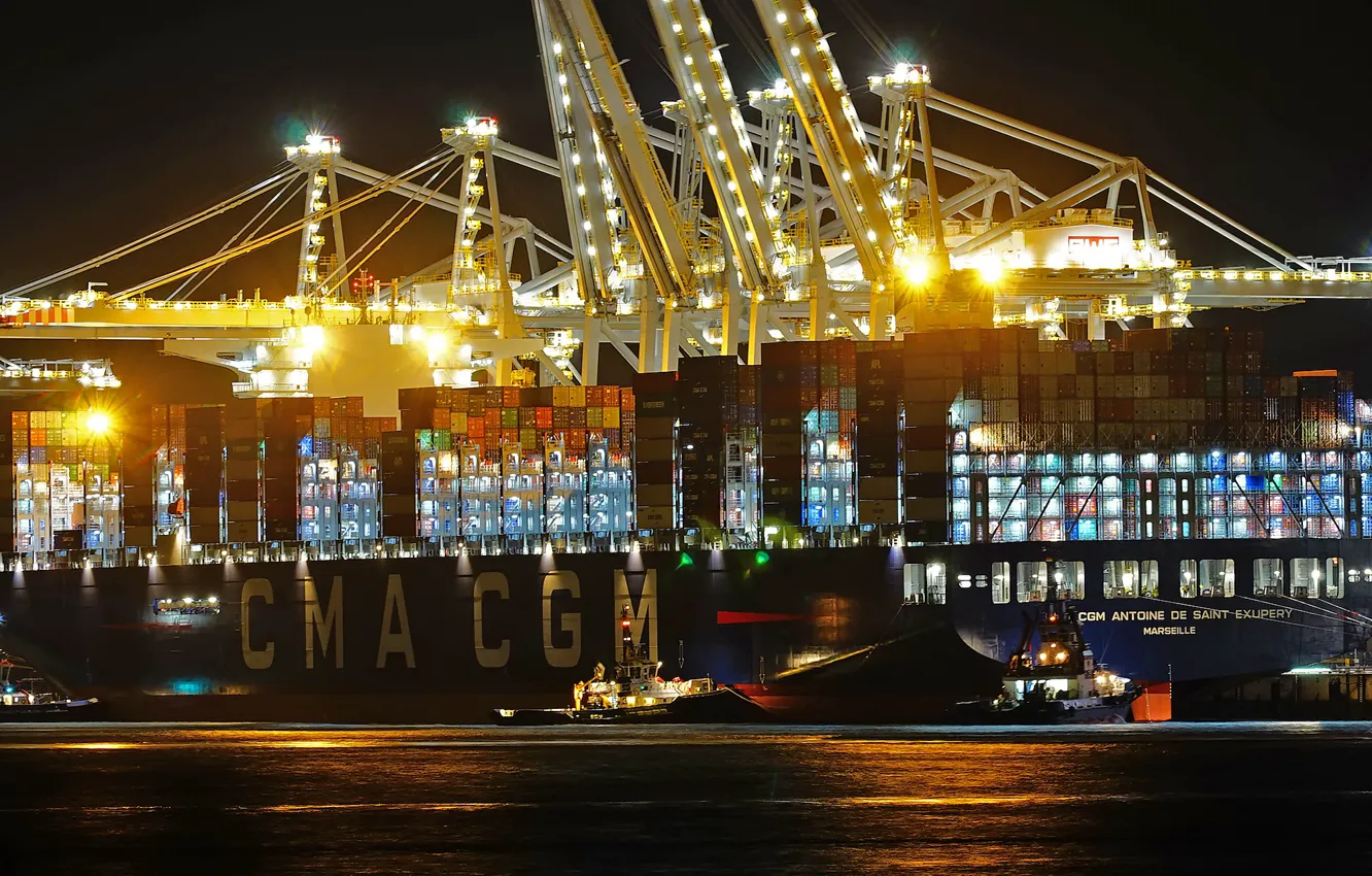 Photo wallpaper lights, port, The ship, A container ship, cranes