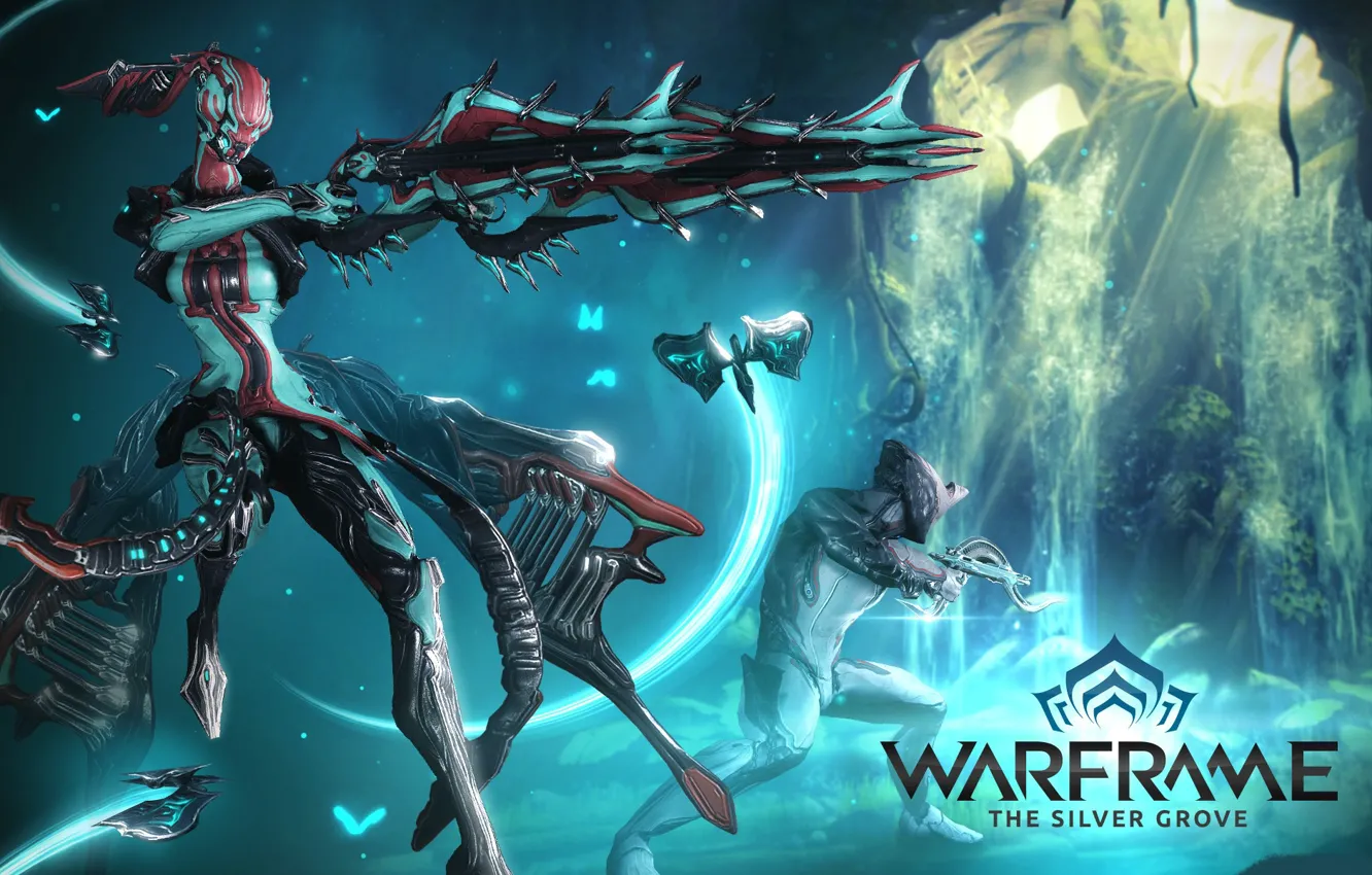 Photo wallpaper weapons, being, soldiers, armor, cyborg, two, character, Warframe
