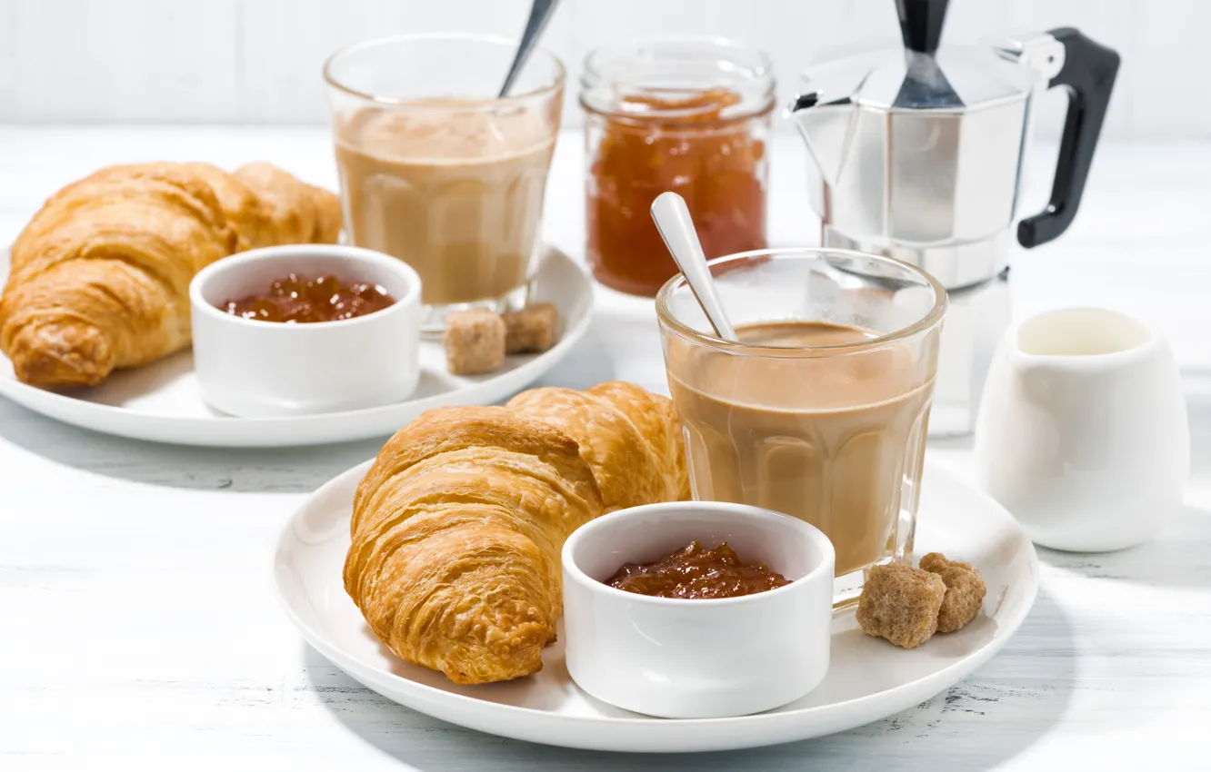 Photo wallpaper coffee, Breakfast, jam, croissants