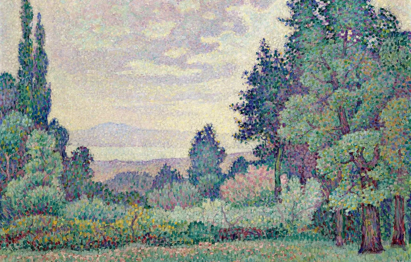 Photo wallpaper picture, 1905, pointillism, Fauvism, Jean Metzinger, Jean Metzinger, Landscape with Two Cypresses