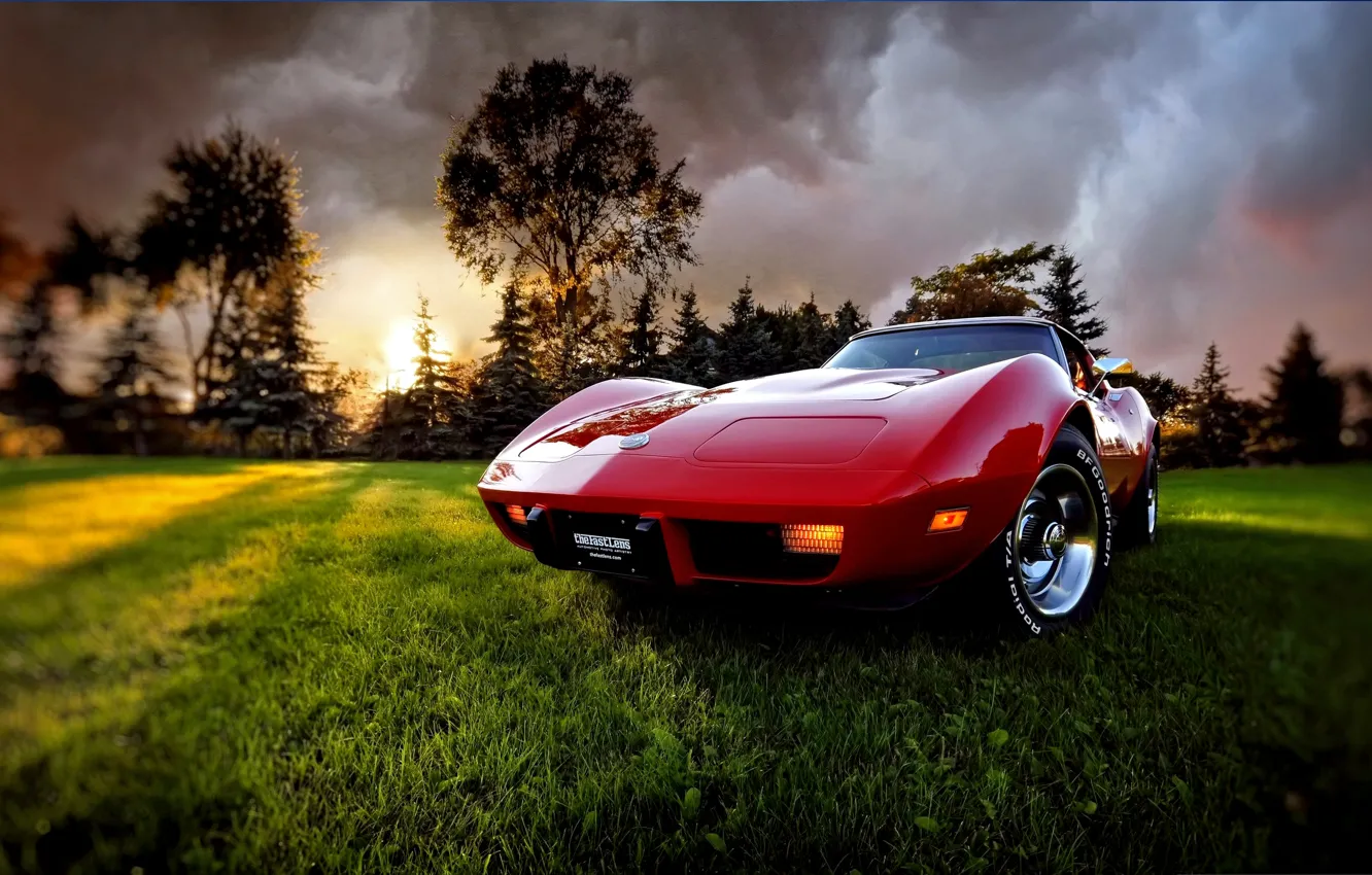 Photo wallpaper grass, sunset, clouds, the evening, Corvette, Chevrolet, 1969, Chevrolet