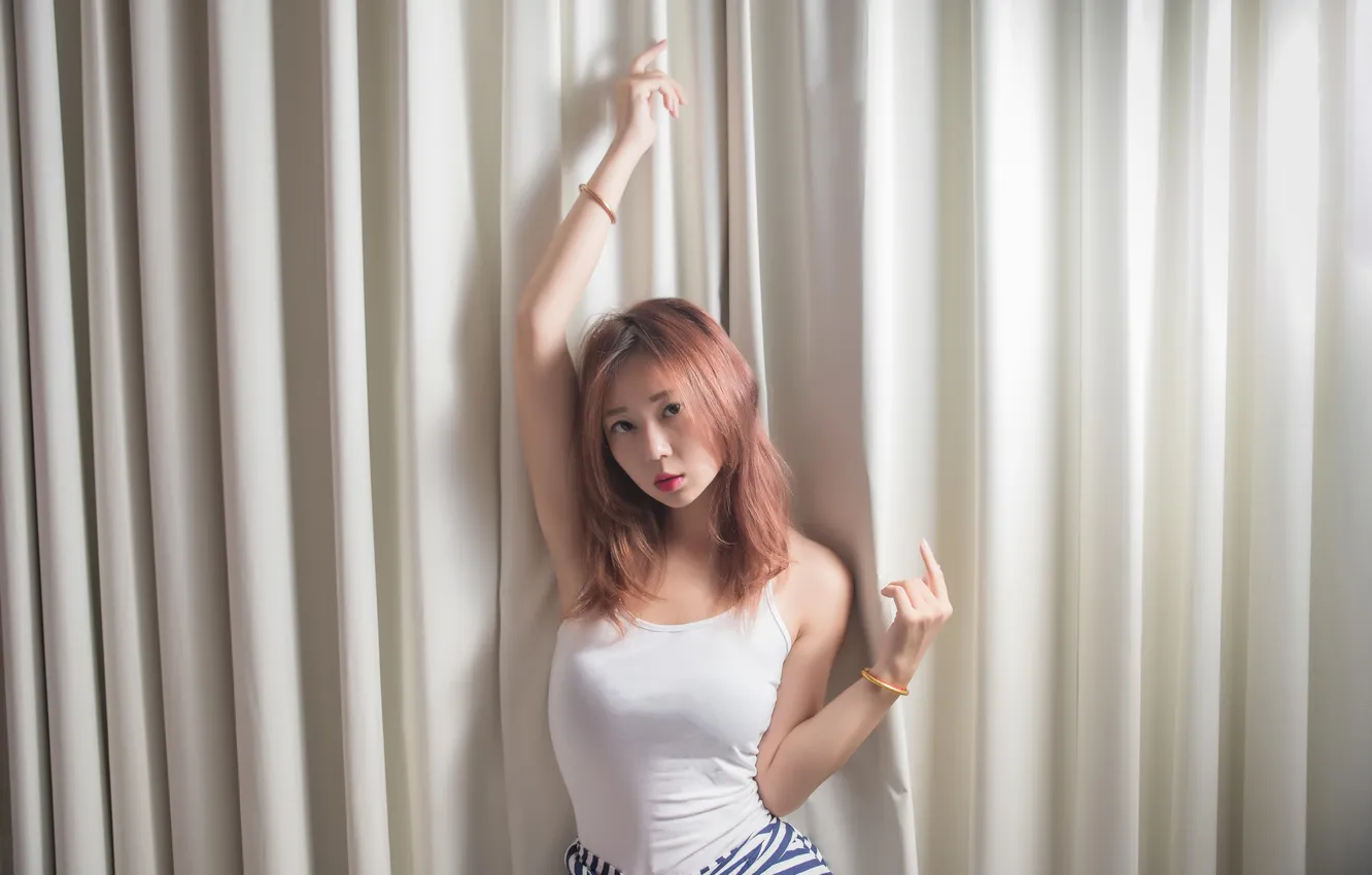 Photo wallpaper look, face, curtains, Asian