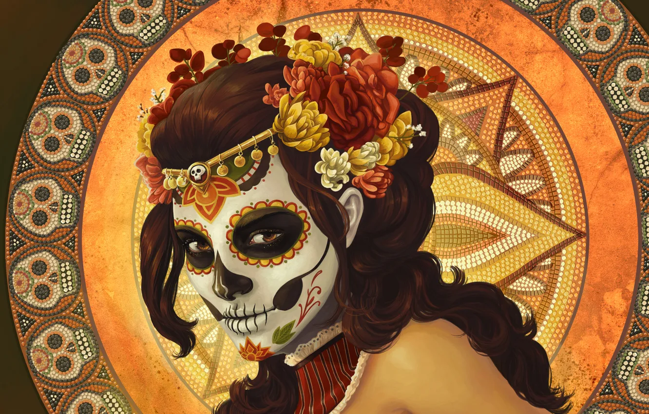 Photo wallpaper girl, flowers, face, roses, makeup, brunette, ornament