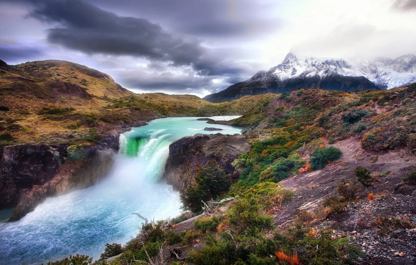Photo wallpaper mountains, nature, river, waterfall