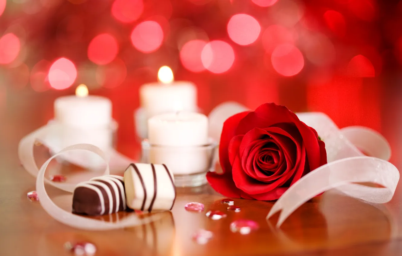 Photo wallpaper rose, food, chocolate, candles, candy, red, sweet