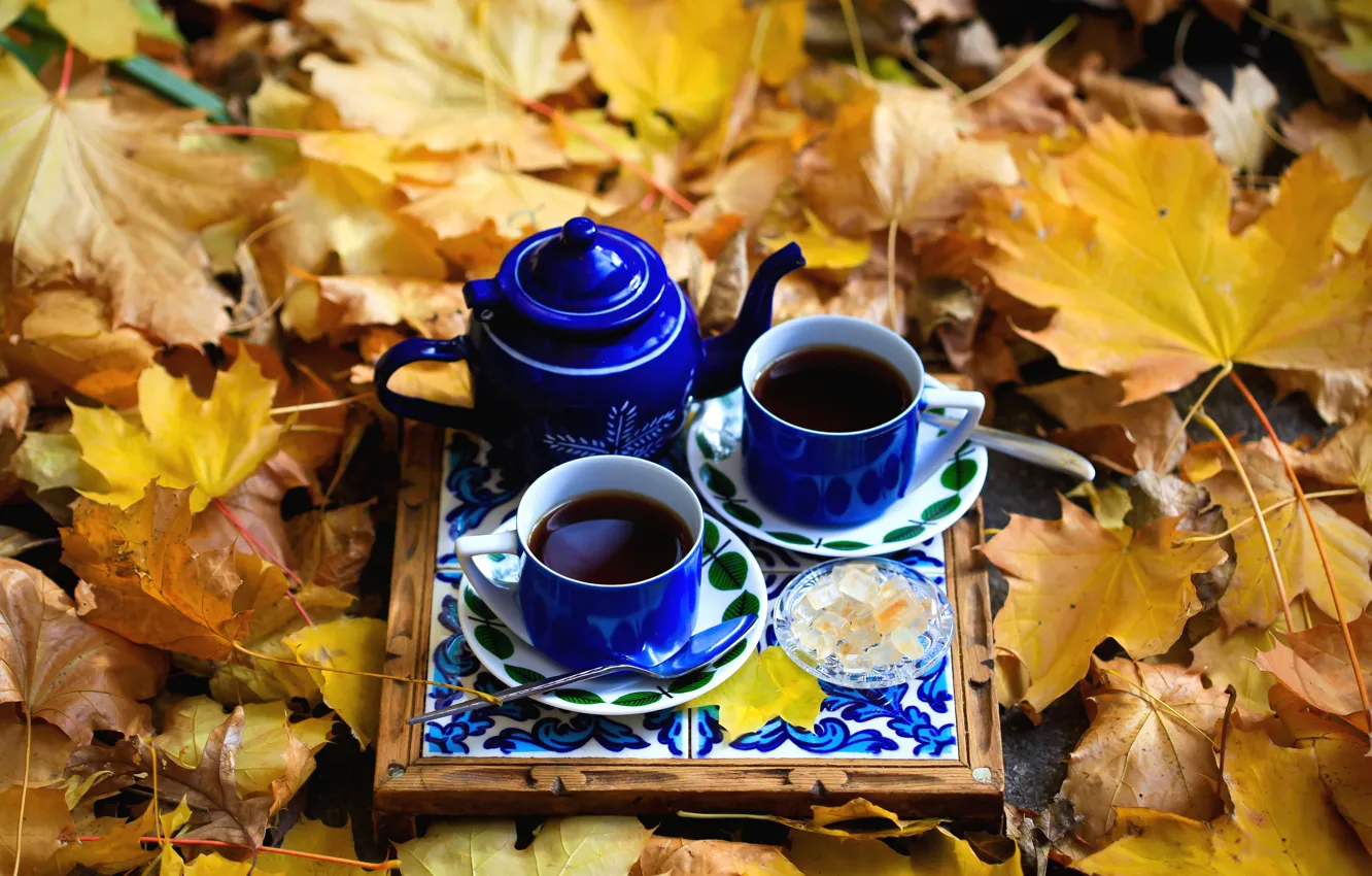 Photo wallpaper autumn, tea, Cup, sweets, maple leaves