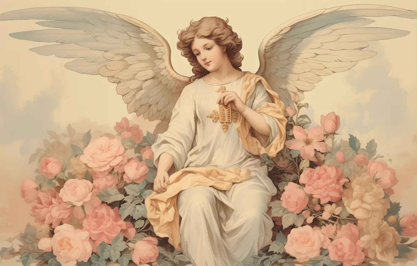 Photo wallpaper Flowers, Girl, Angel, Hair, Wings, Digital art, AI art, The Art of Artificial Intelligence