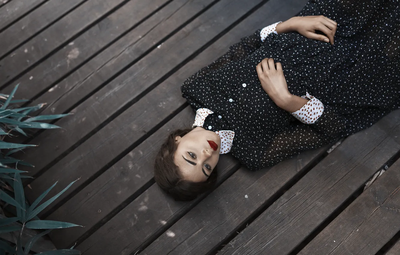 Photo wallpaper girl, Board, figure, dress, floor, lies