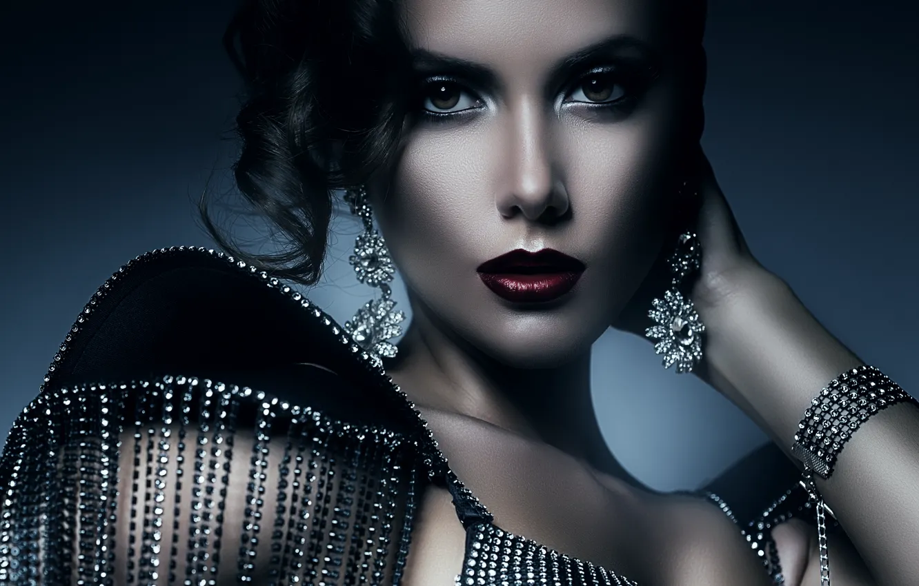 Photo wallpaper look, girl, model, hair, earrings, makeup, lips, bracelet