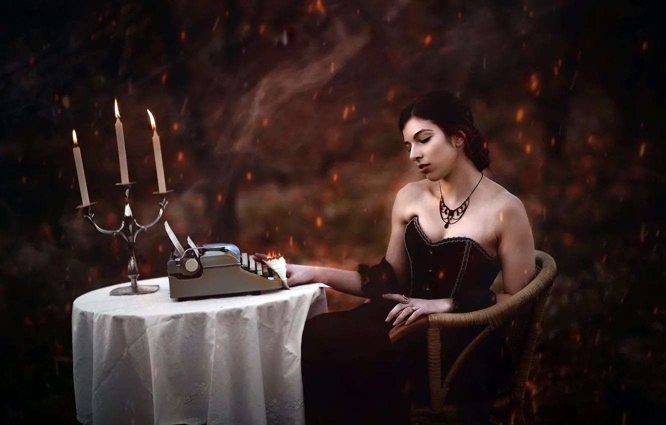 Photo wallpaper girl, candles, typewriter