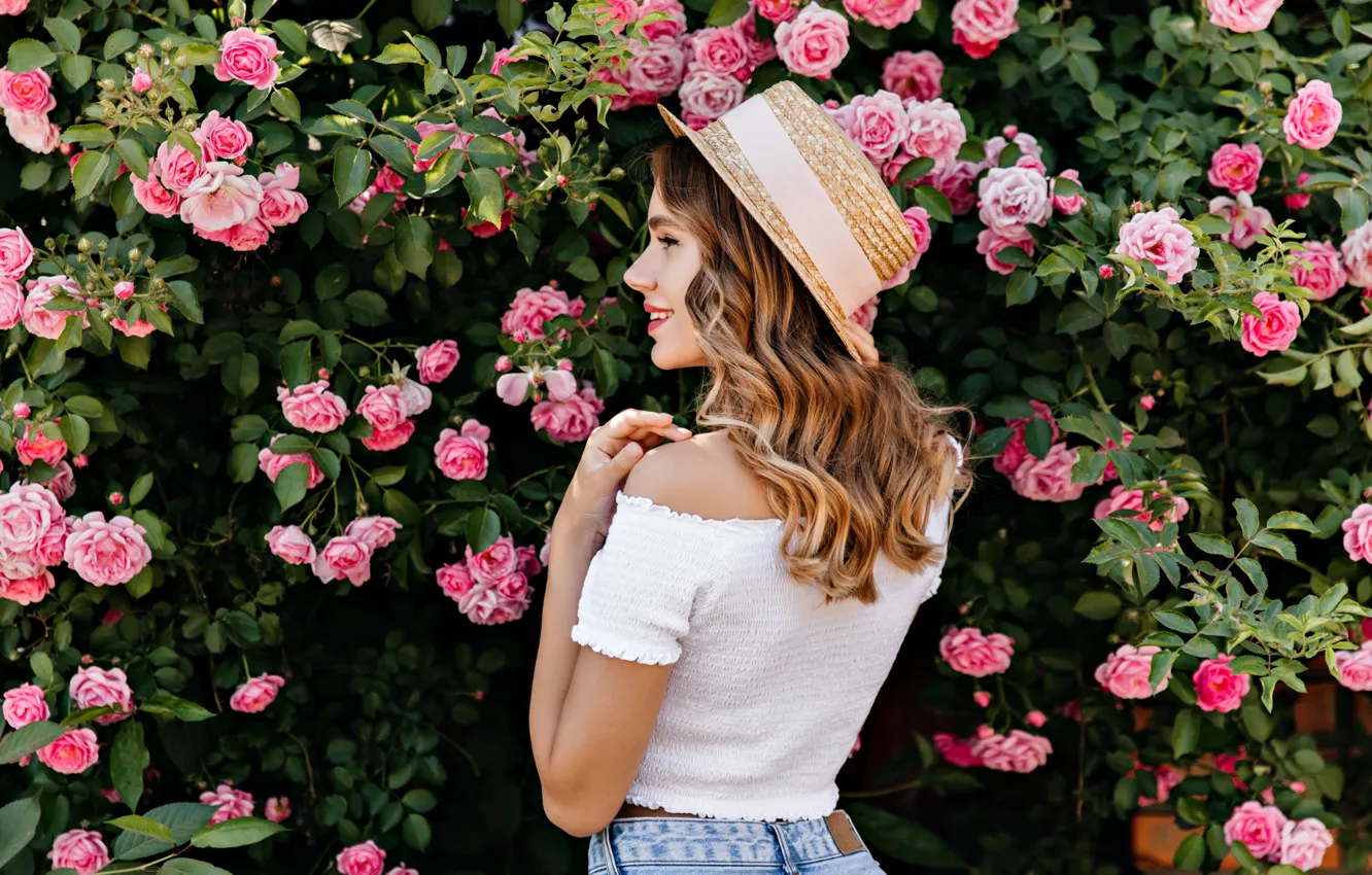 Photo wallpaper summer, girl, joy, flowers, smile, roses, positive, hat