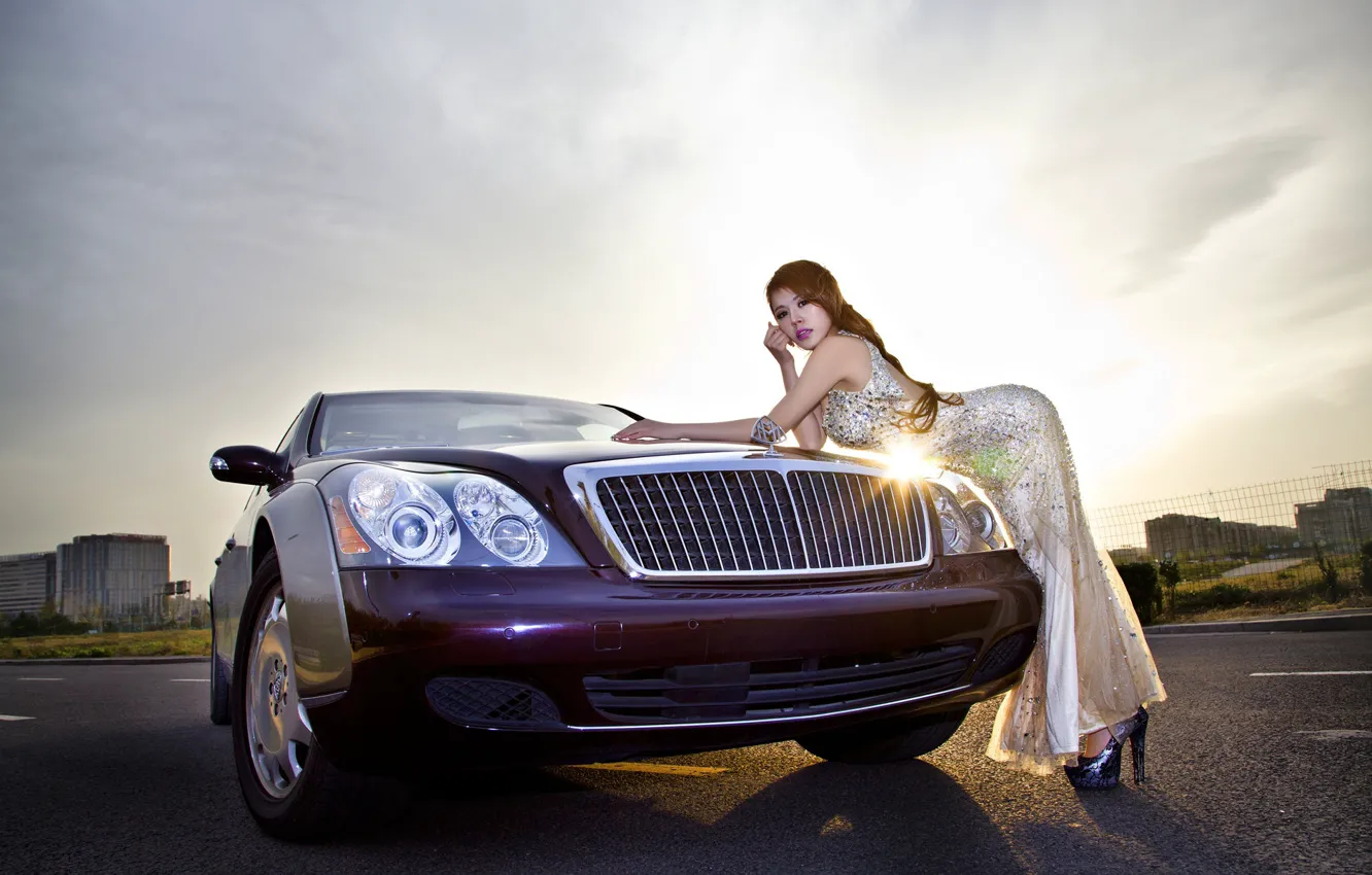 Photo wallpaper auto, look, Girls, Asian, beautiful girl, posing on the car, Mercedes-maybach