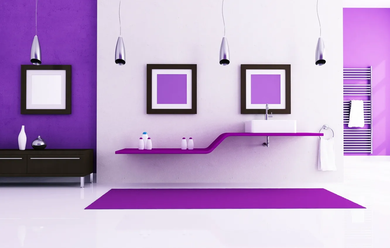 Photo wallpaper design, style, interior, decor, finish, bathroom, white and purple