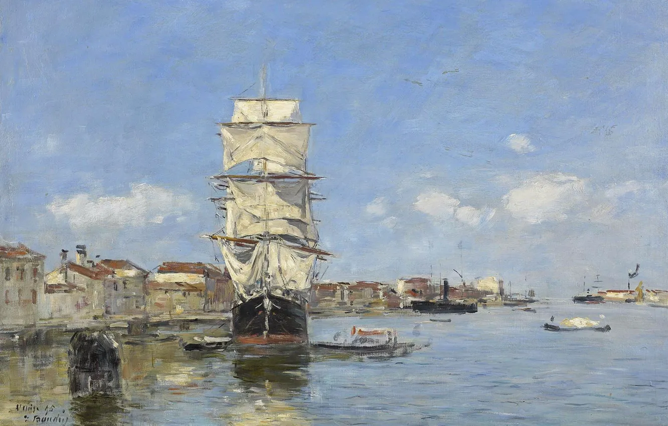 Photo wallpaper ship, picture, sail, Eugene Boudin, Eugene Boudin, Venice. The ship at the Pier. The Giudecca …