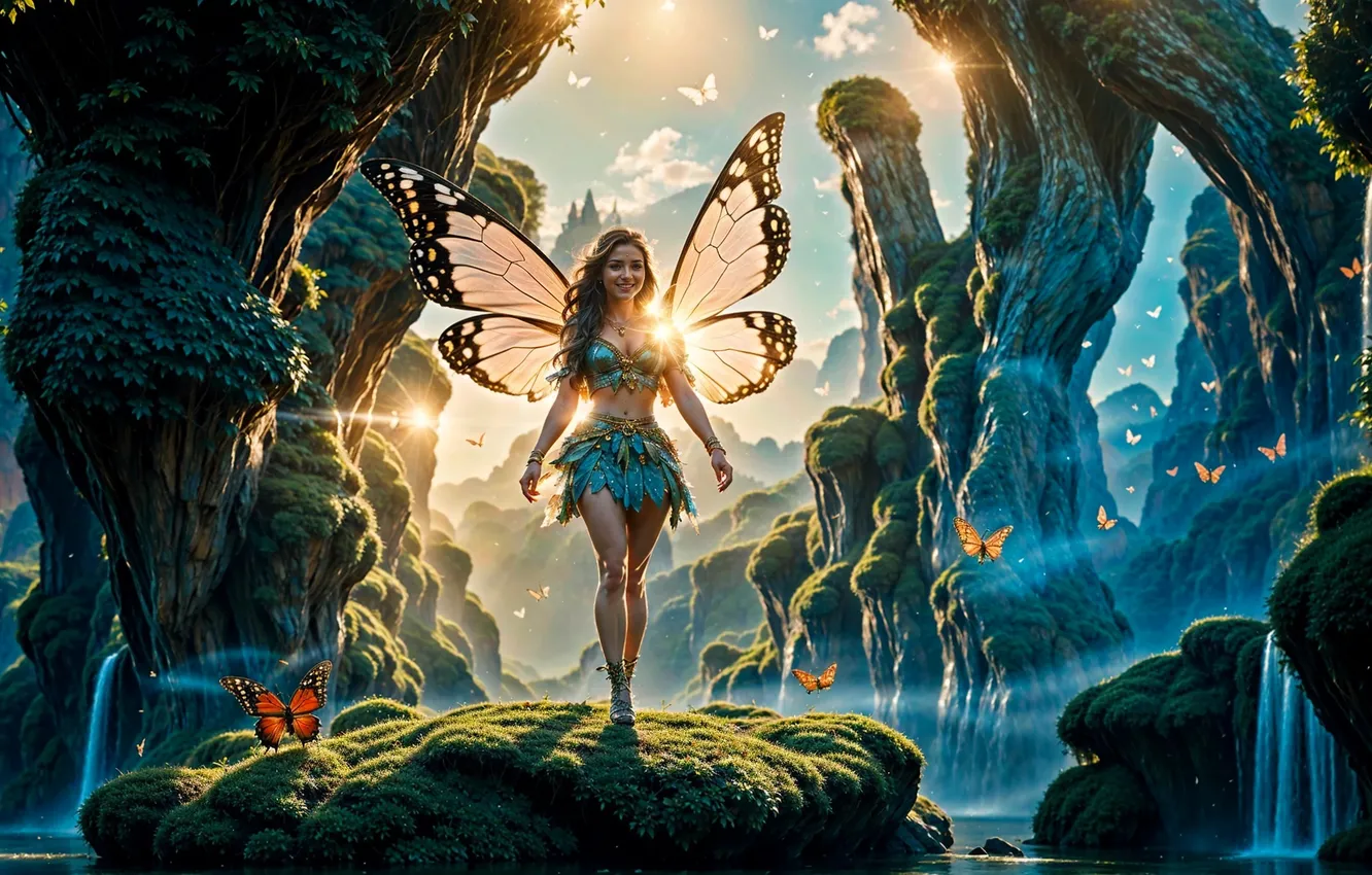 Photo wallpaper girl, nature, lake, rocks, butterfly, waterfall, wings, fairy