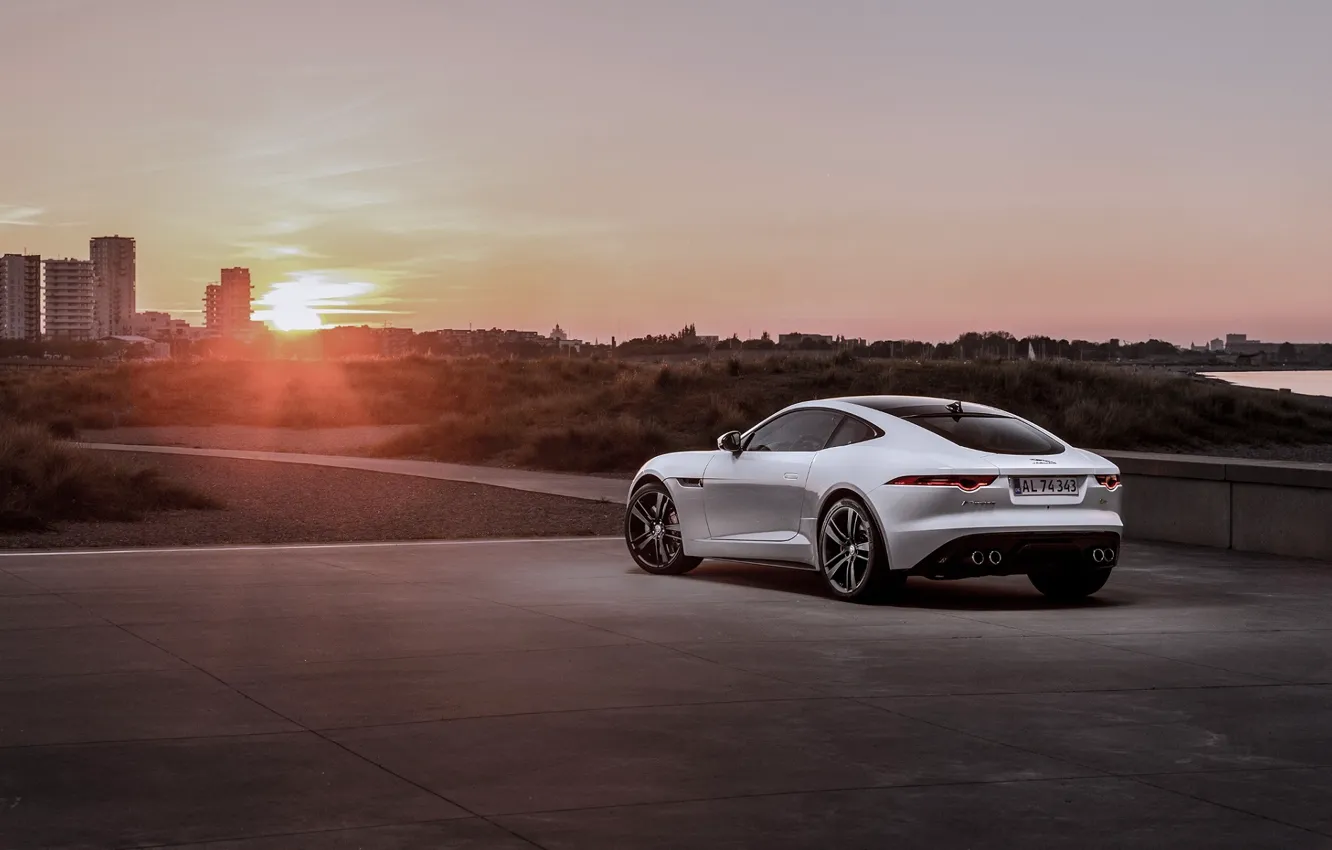 Photo wallpaper Jaguar, Car, Coupe, Sunset, White, Sport, Rear, F-Type R