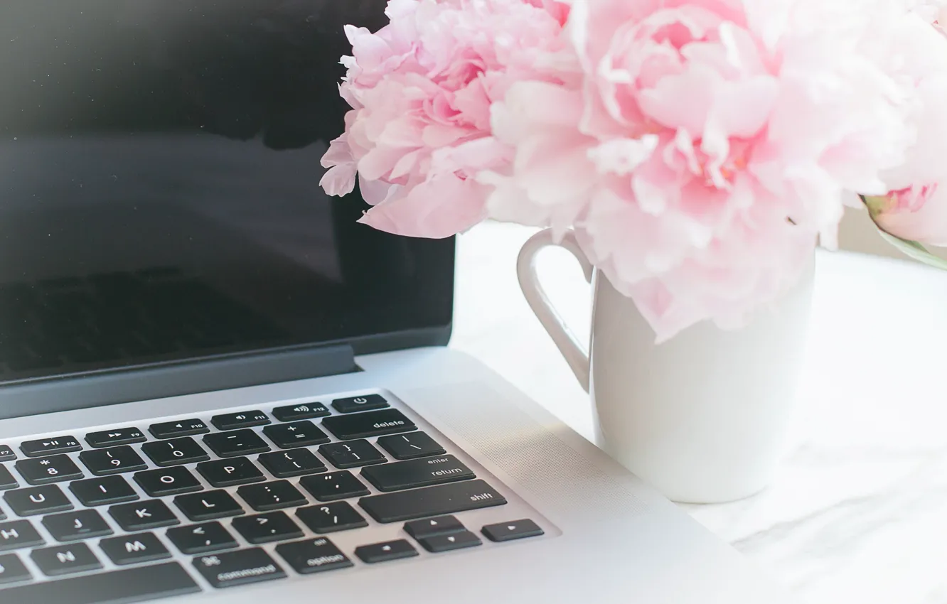 Photo wallpaper flowers, bouquet, laptop, marble, pink, flowers, peonies, peonies