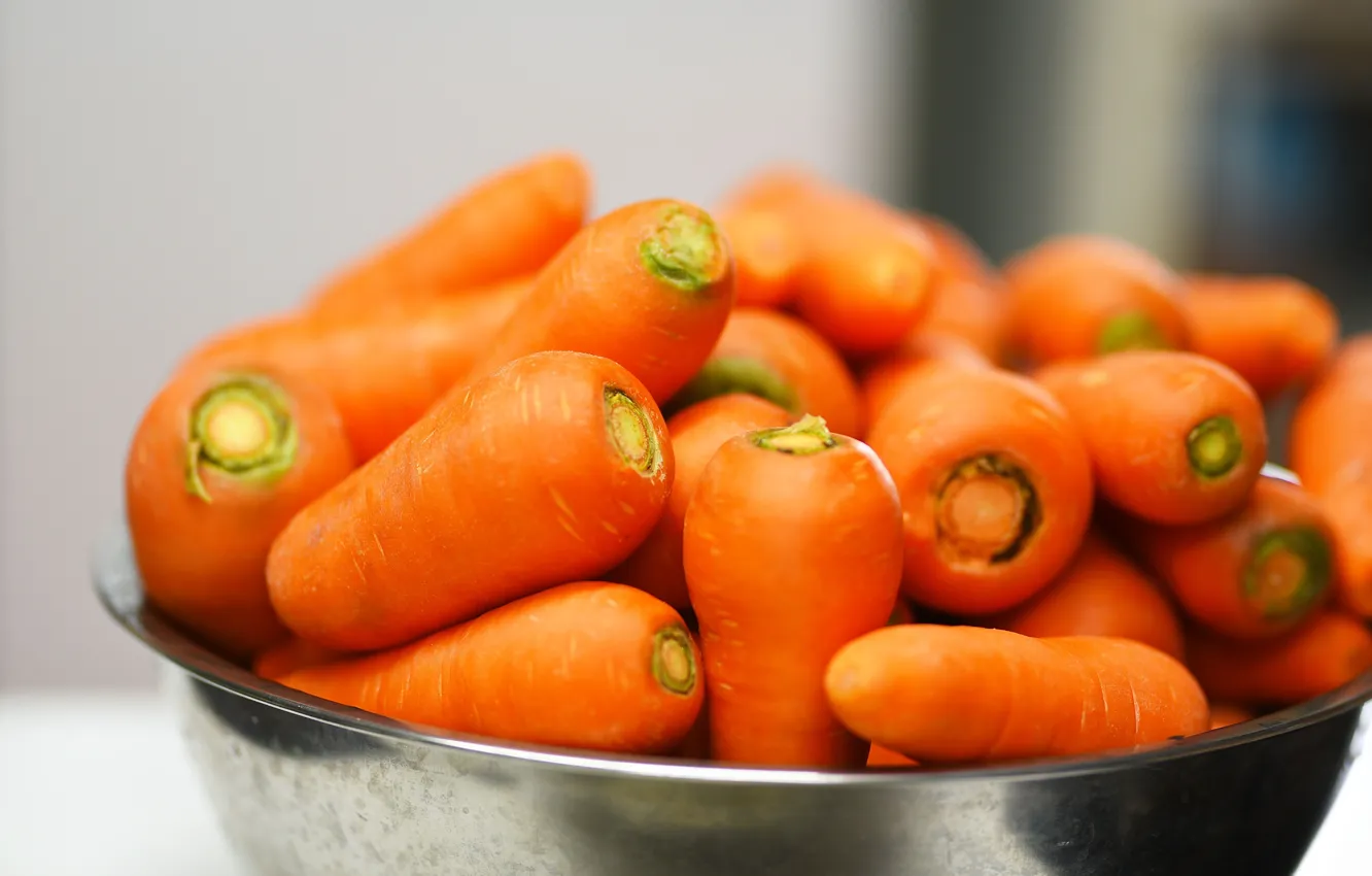 Photo wallpaper bowl, vegetables, carrots, a lot, bokeh, basin, washed