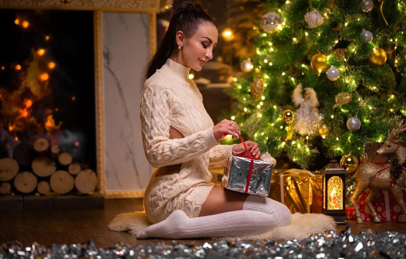 Photo wallpaper decoration, gift, tree, new year, stockings, dress, brunette, lights