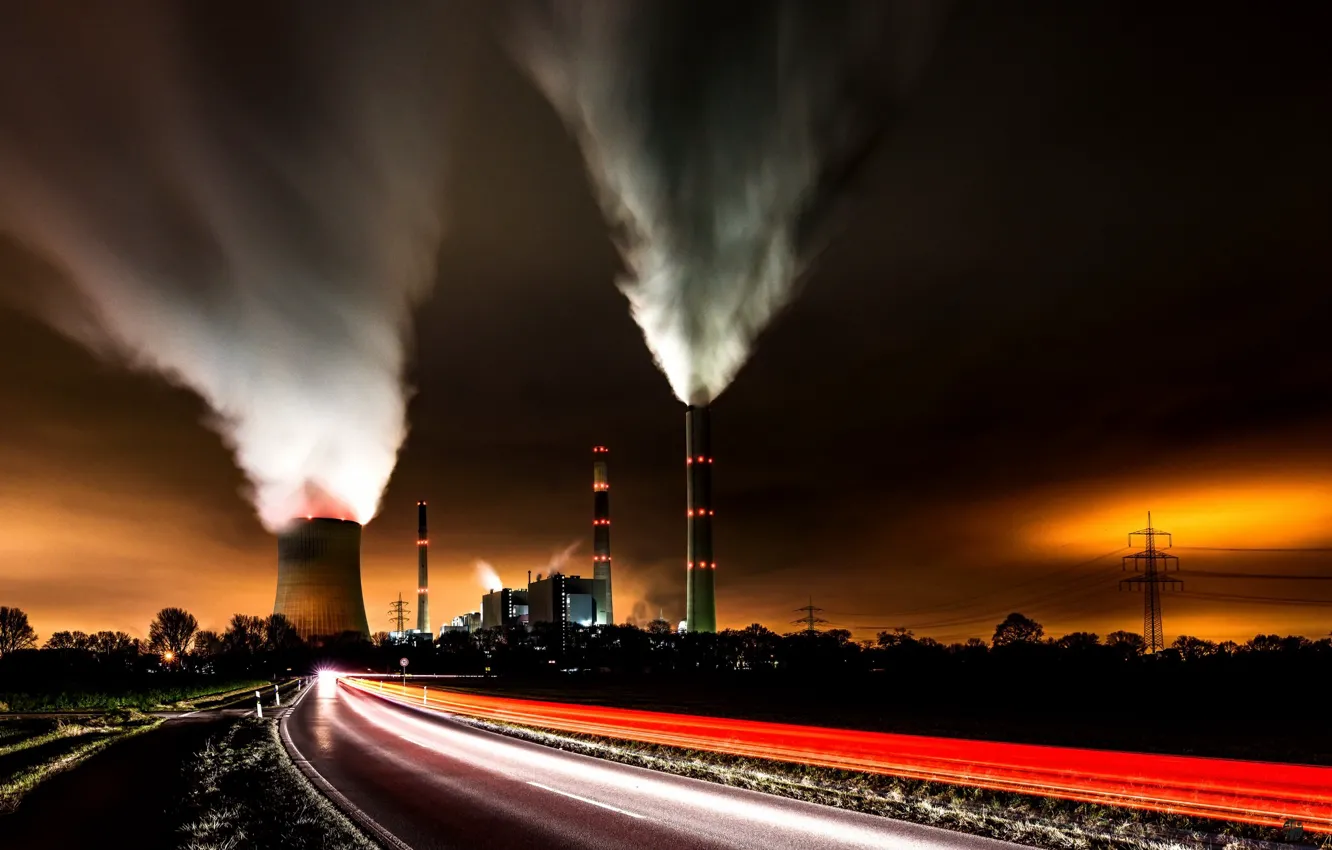 Photo wallpaper road, night, smoke, pipe, pair