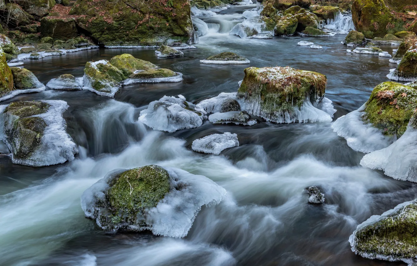 Photo wallpaper stones, moss, ice, river