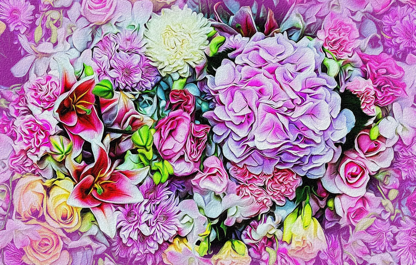 Photo wallpaper flowers, rendering, figure, bouquet, petals, buds, picture, canvas