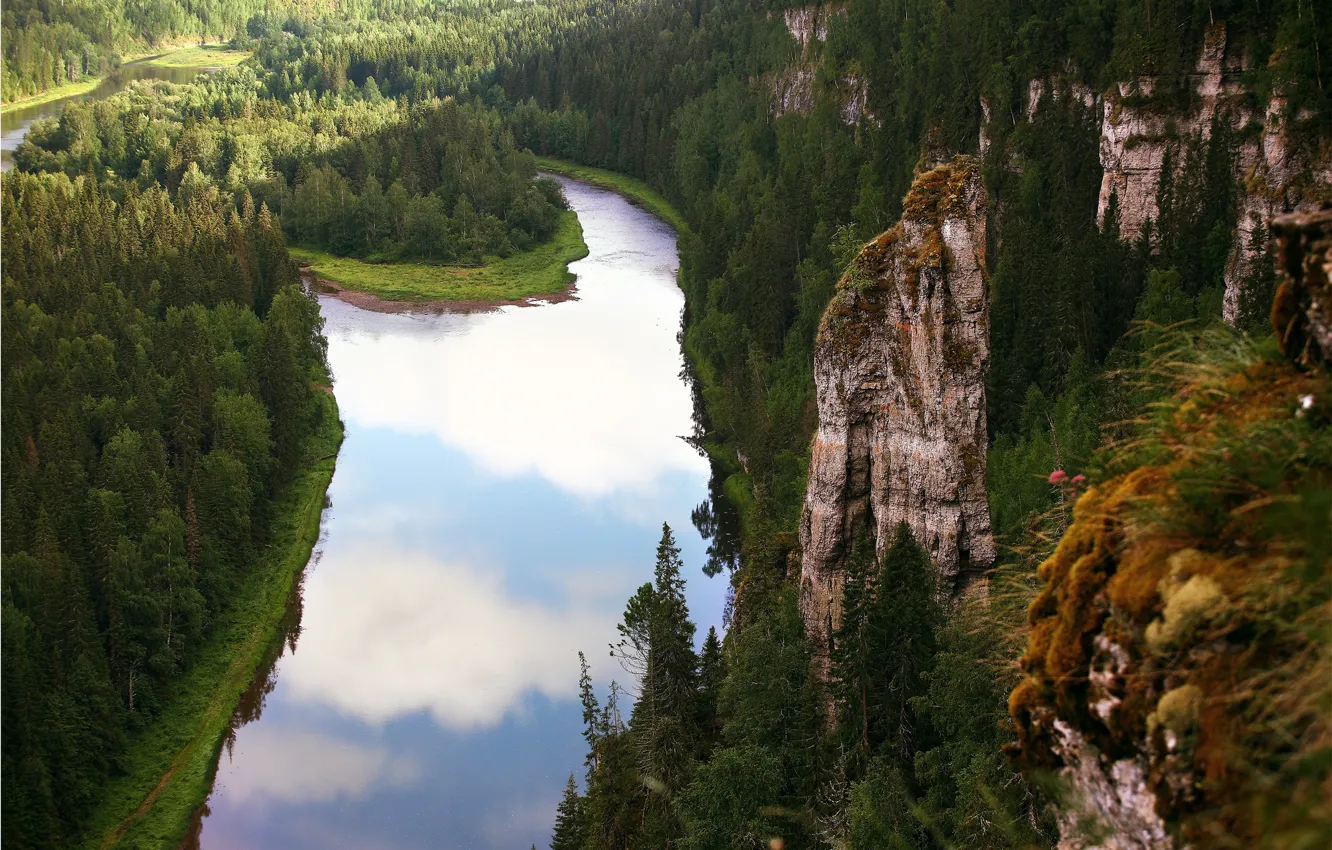 Photo wallpaper trees, river, rocks, Russia, the view from the top, Perm Krai, Usva