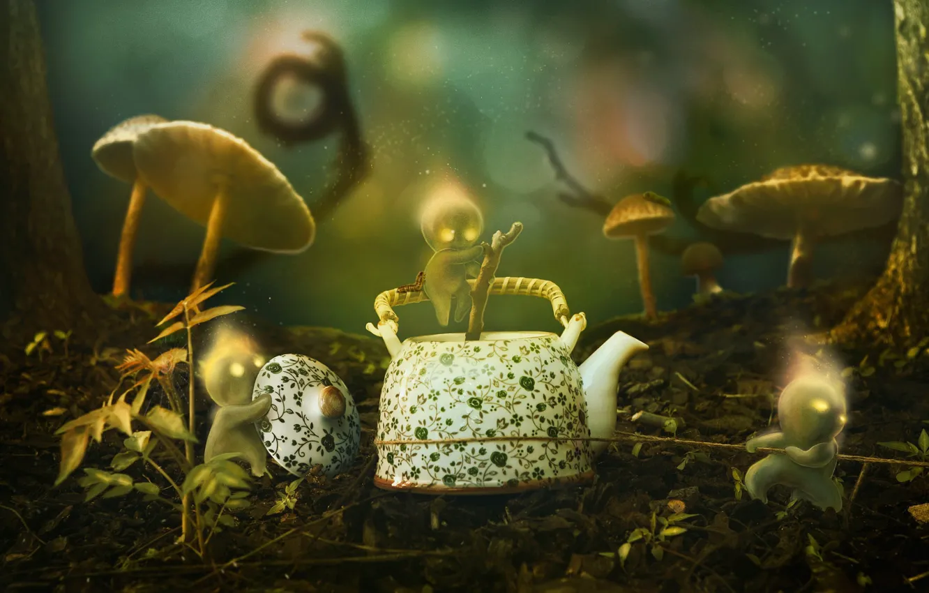 Photo wallpaper grass, trees, trunks, mushrooms, graphics, men, kettle, bokeh