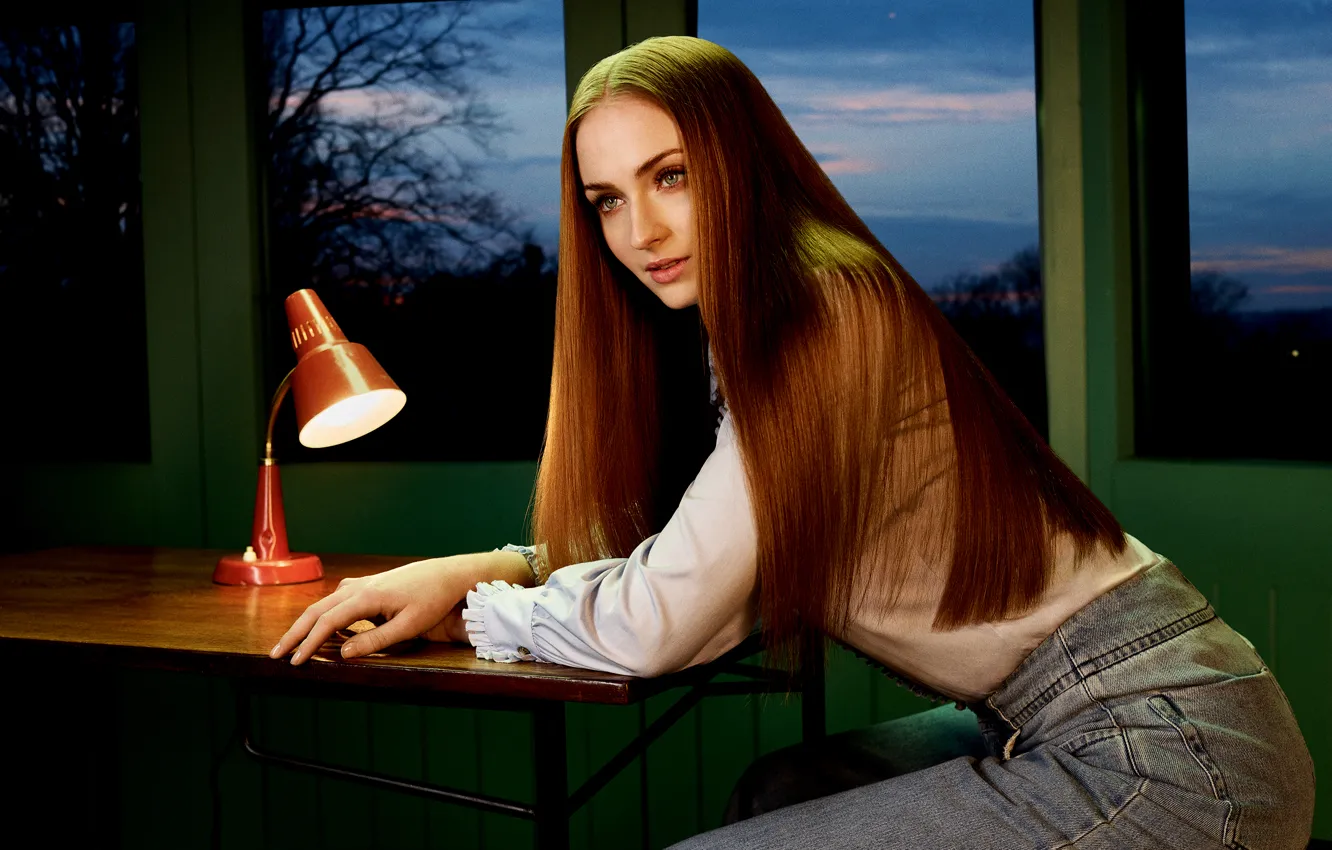 Photo wallpaper table, model, hair, Windows, lamp, jeans, the evening, makeup