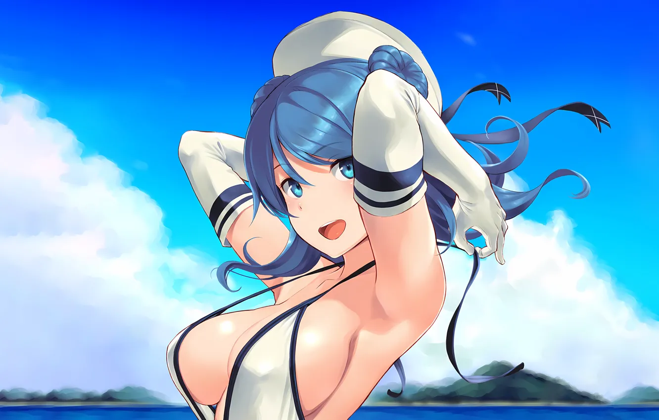 Photo wallpaper girl, sexy, cleavage, beach, blouse, sky, long hair, sea