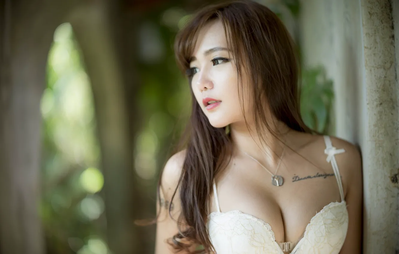 Photo wallpaper girl, cleavage, Asian, breast, photo, model, tattoo, bokeh