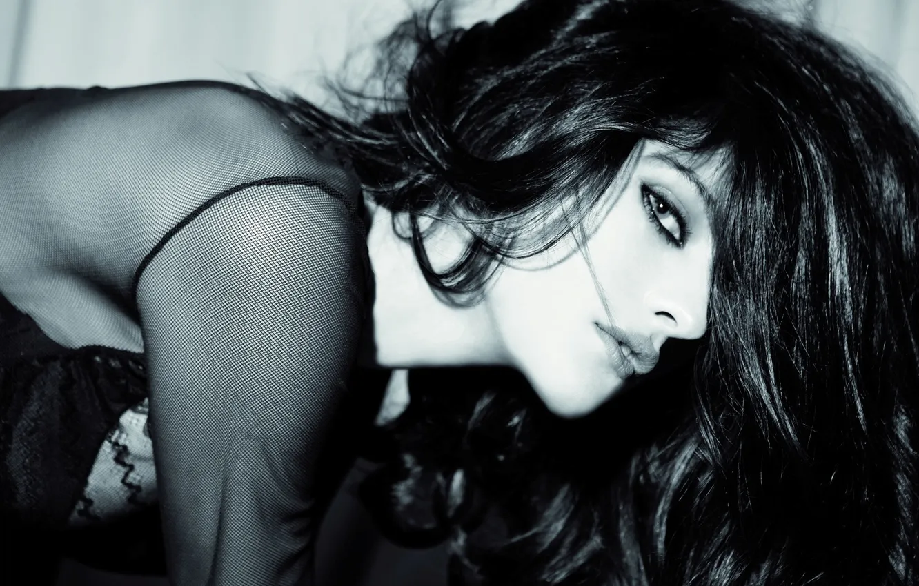 Photo wallpaper look, girl, face, model, brunette, black and white