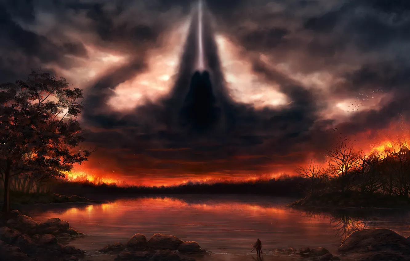 Photo wallpaper the sky, sunset, clouds, people, sword, hood, Diablo 3, Reaper of Souls
