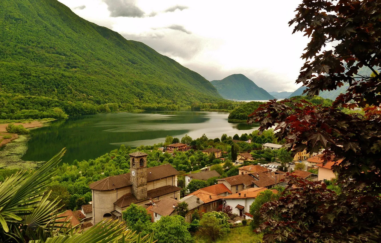 Photo wallpaper forest, mountains, the city, photo, home, Italy, Lombardia, Carlazzo