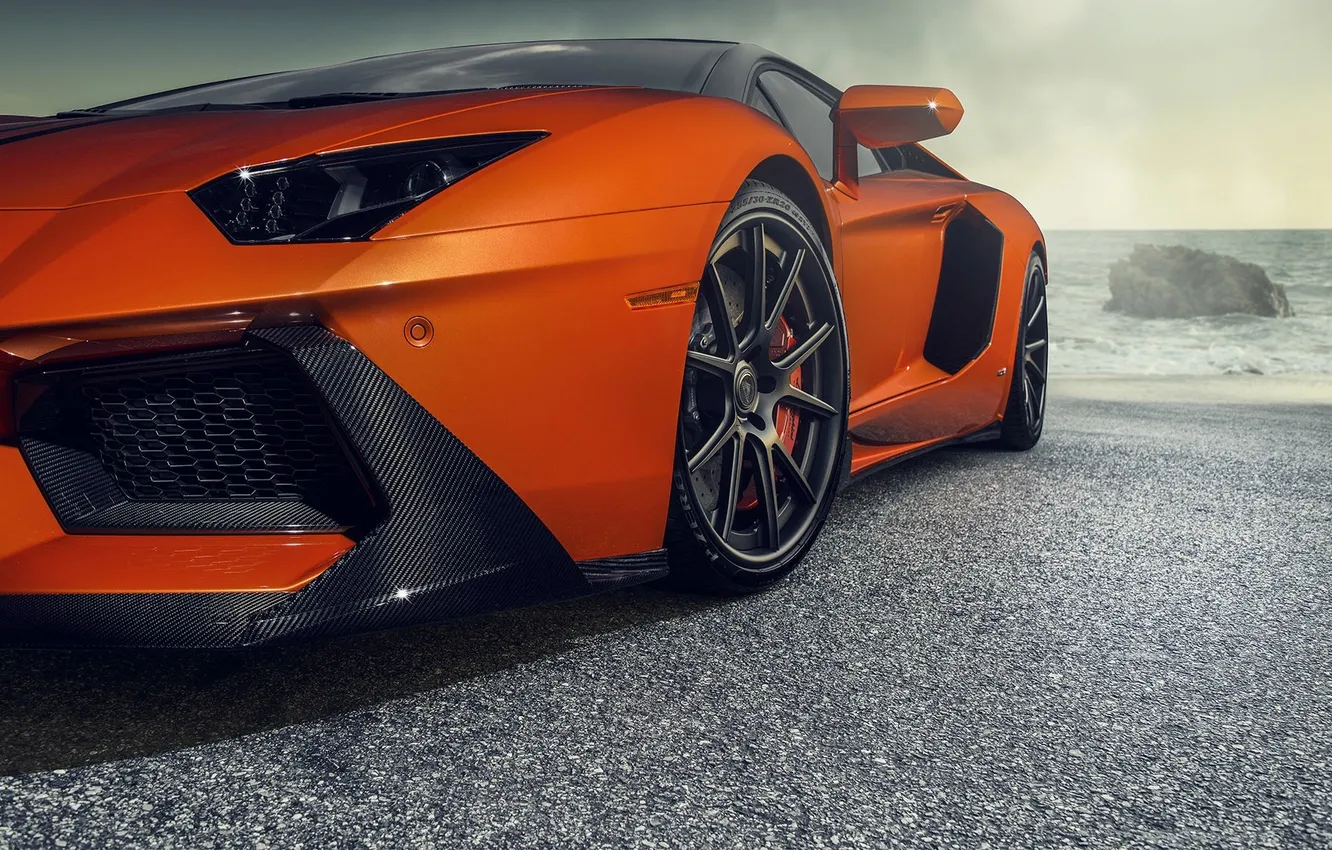 Photo wallpaper Lamborghini, Orange, Vorsteiner, Sea, Supercar, Zaragoza, Aventador-V, LP740-4